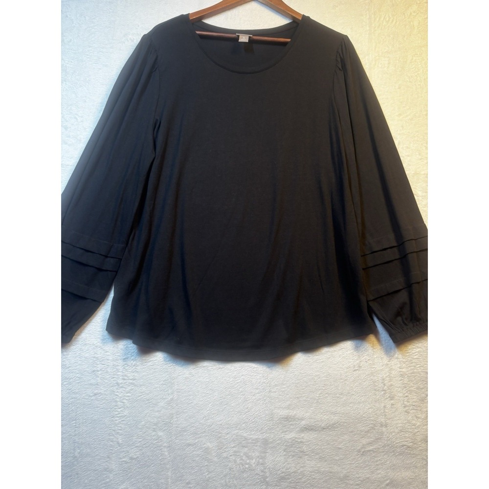 NWT Chico's Shirt Top Women XL Black Scoop Neck‎ Ruffle Long Sleeve Blouse Sz 3